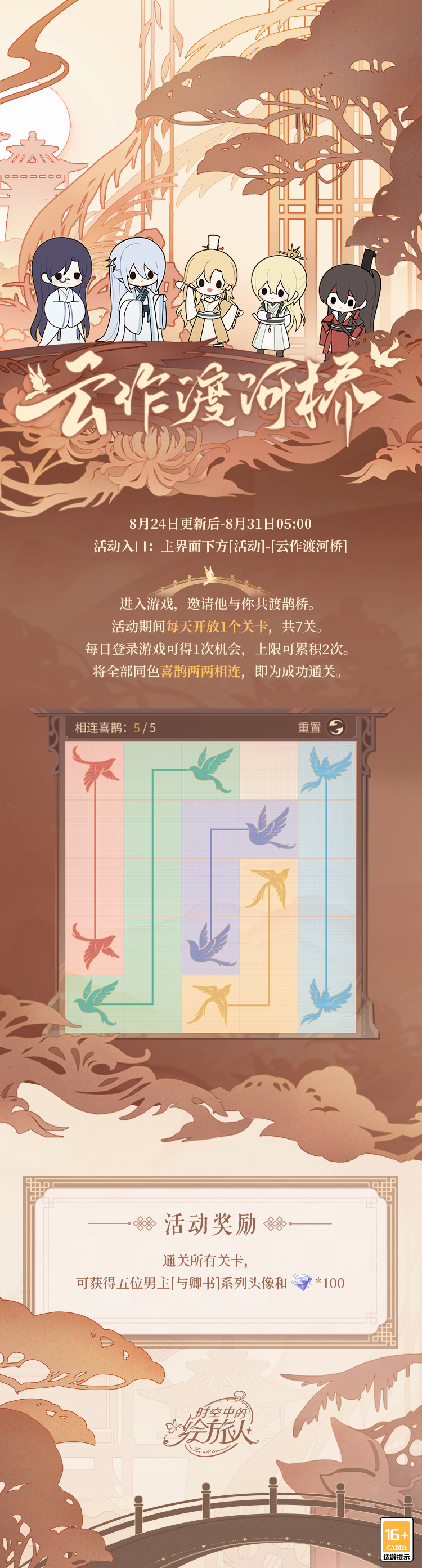 《时空中的绘旅人》全新活动「云作渡河桥」8月24日开启！鹊羽翻飞织云桥，两心相契渡银河