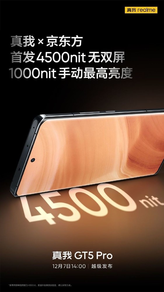 官宣：真我GT5 Pro将重磅首发京东方4500nit无双屏