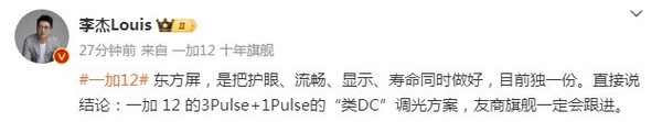 李杰：一加12的“类DC”调光方案 友商旗舰一定会跟进
